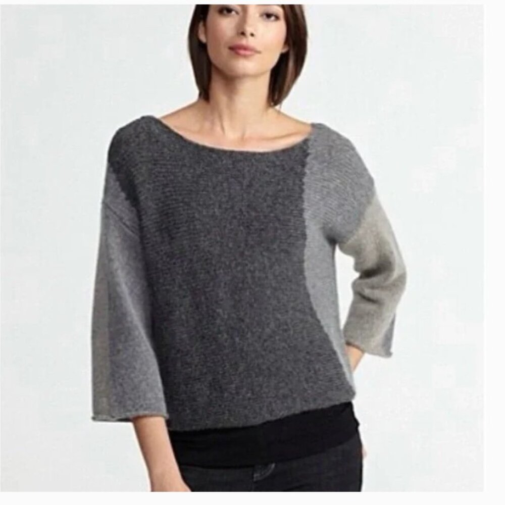 Eileen Fisher Grey And Tan Airy Mohair Blend Colorblock Sweater - Size Xl